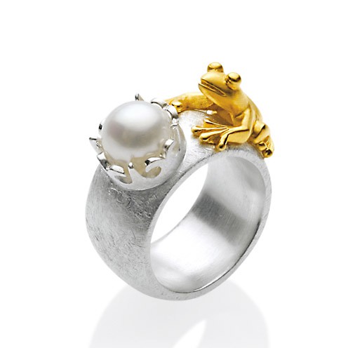 Drachernfels Ring Frosch mit Perle Silber goldplattiert D FR 131 Drachenfels Design Froschkönigring