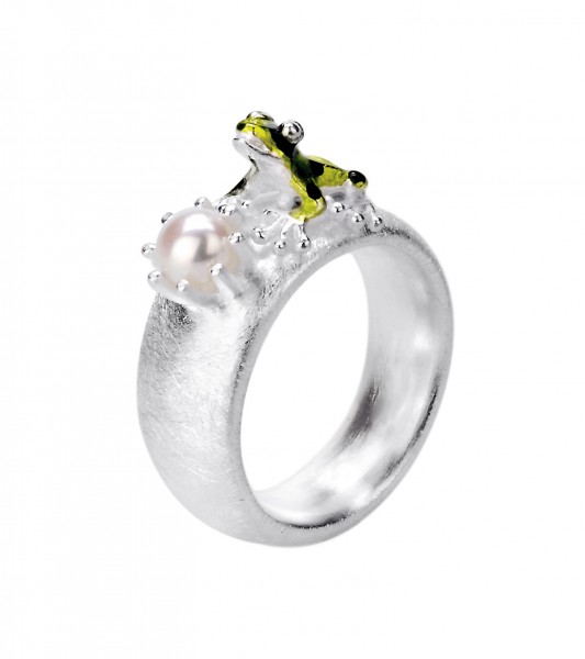 Drachernfels Ring grüner Frosch mit Perle Silber D GFR 132 Drachenfels Design Giftpfeilfroschkönig