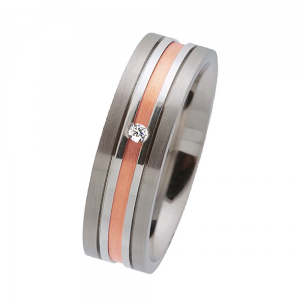 Ernstes Design Ring, Edelstahl matt / poliert / 750er Roségold, Brillant TW/SI 0,02 ct., 6 mm, R179
