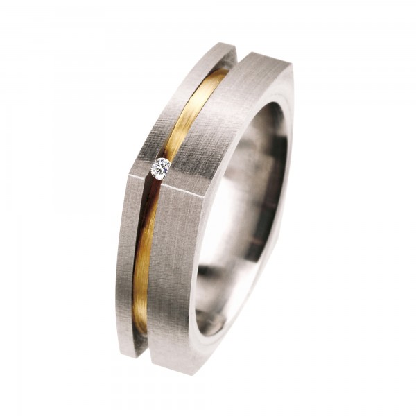 Ernstes Design Ring, Edelstahl matt / 750er Gelbgold / Brillant, 6 mm, R99