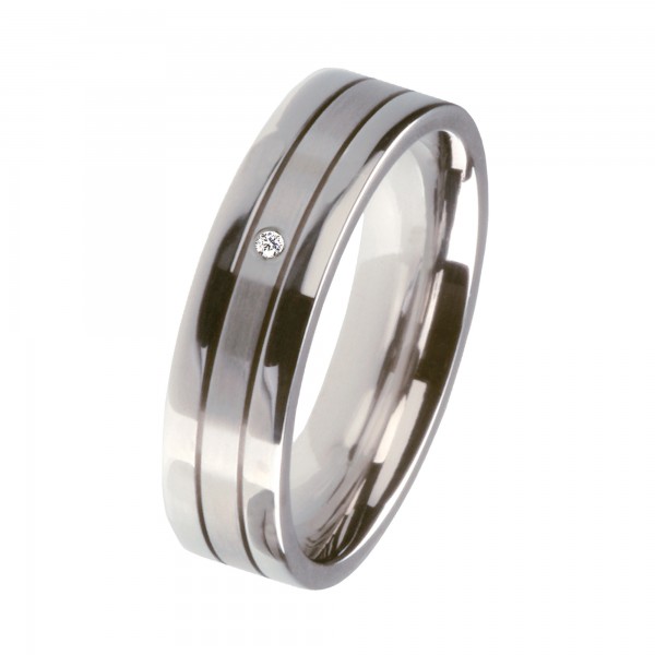 Ernstes Design Ring, Edelstahl matt / poliert, 6 mm, Brillant TW/SI 0,02 ct., R140