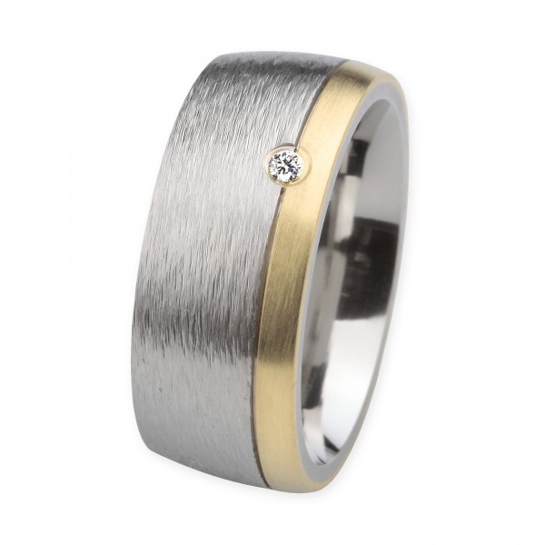 Ernstes Design Ring, Edelstahl geschliffen / 750er Gelbgold, Brillant TW/SI 0,035 ct. 9 mm, R236.9