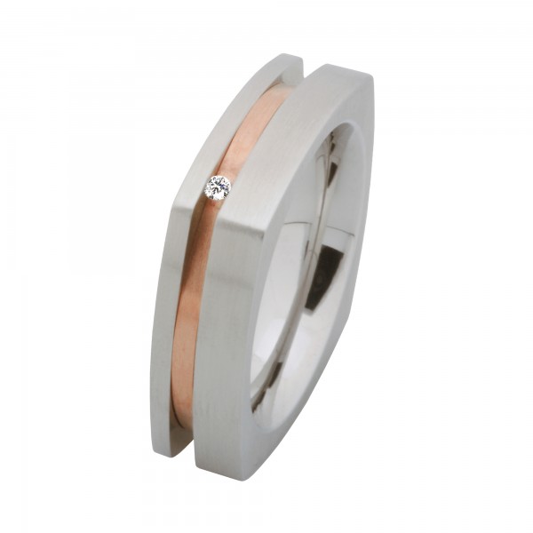 Ernstes Design Ring, Edelstahl matt / 750er Roségold, Brillant TW/SI 0,02 ct., 6 mm, R175