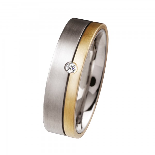 Ernstes Design Ring, Edelstahl matt / 750er Gelbgold / Brillant TW/SI 0,035 ct., 6 mm, R52