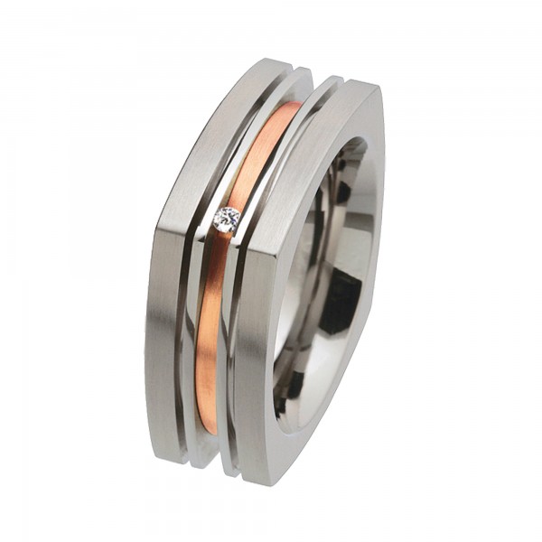 Ernstes Design Ring, Edelstahl matt / poliert / 750er Roségold, Brillant TW/SI 0,02 ct., 8 mm, R183