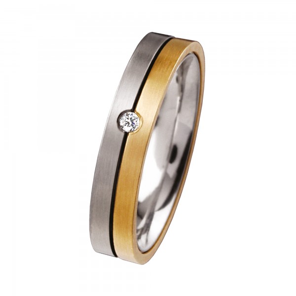 Ernstes Design Ring, Edelstahl matt / 750er Gelbgold / Brillant TW/SI 0,035 ct., 4 mm, R58