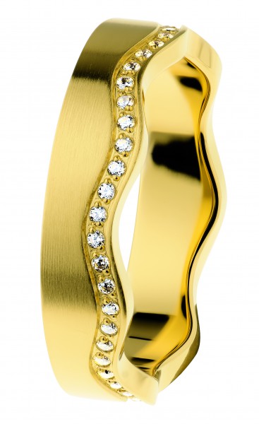 Ernstes Design Evia Ring R554, Welle, Vorsteckring, Edelstahl goldfarben beschichtet matt, Zirkonia