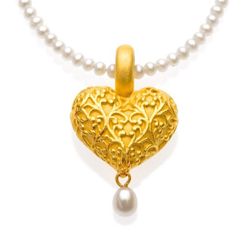 Drachenfels Arsen und Spitzenhäubchen Kollektion Anhänger Herz goldfarben mit Perle