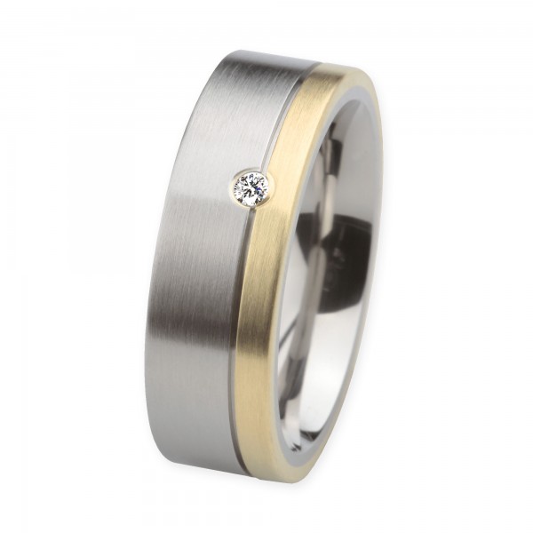Ernstes Design Ring, Edelstahl matt / 750er Gelbgold mit Brillant TW/SI 0,035 ct., 7 mm, R218.7