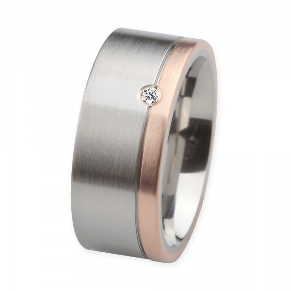 Ernstes Design Ring, Edelstahl geschliffen / 750er Roségold, Brillant TW/SI 0,035 ct., 9 mm, R220.9