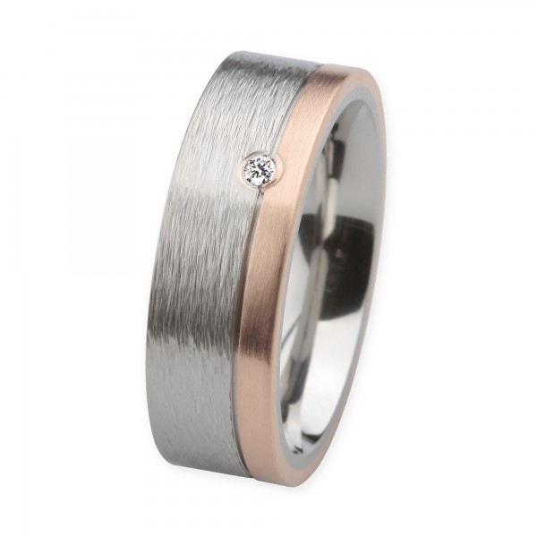 Ernstes Design Ring, Edelstahl geschliffen / 750er Roségold, Brillant TW/SI 0,035 ct., 7 mm, R226.7