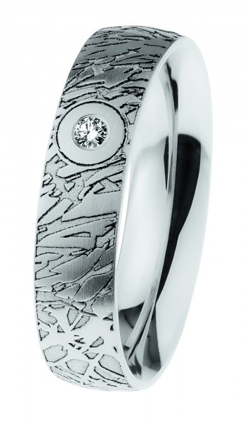 Ernstes Design Ring, Edelstahl matt / graviert / poliert mit Brillant, R674