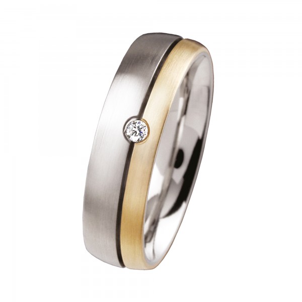 Ernstes Design Ring, Edelstahl matt / 750er Gelbgold / Brillant, 6 mm, R54