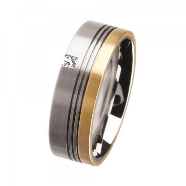 Ernstes Design Ring, Edelstahl matt / 750er Gelbgold / Diam. Princess Cut TW/SI 0,05 ct., 7 mm, R77