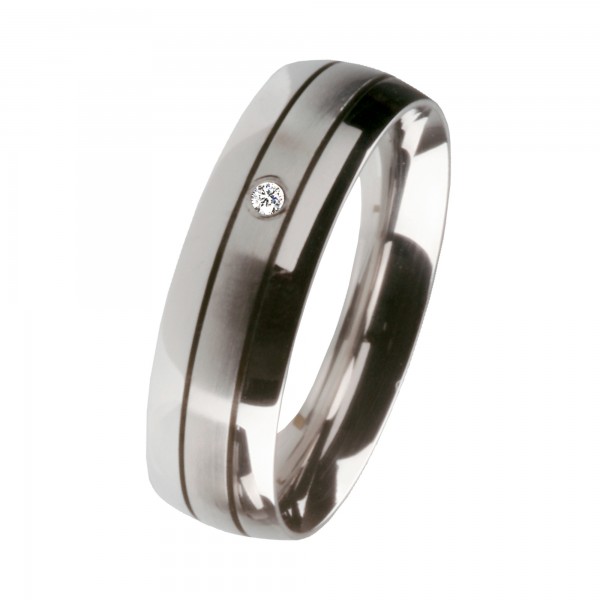Ernstes Design Ring, Edelstahl matt / poliert, 6 mm, mit Brillant TW/SI 0,02 ct., R142