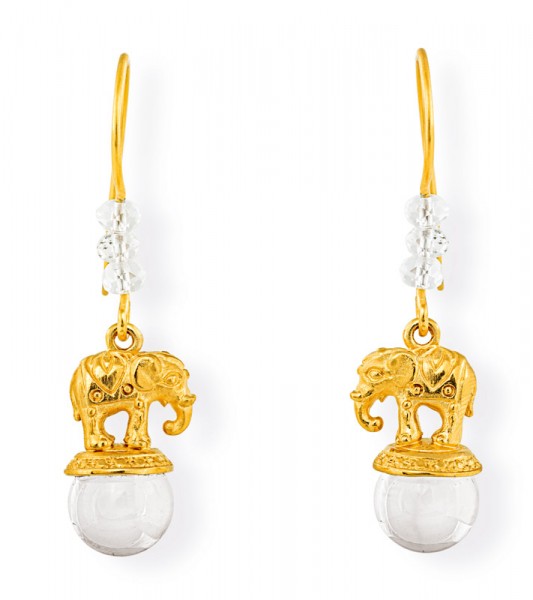 Drachenfels Ganesha-Kollektion, 1 Paar Ohrhänger Elefanten, Silber goldplattiert mit Bergkristall