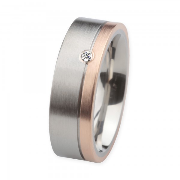 Ernstes Design Ring, Edelstahl geschliffen / 750er Roségold, Brillant TW/SI 0,035 ct., 7 mm, R220.7