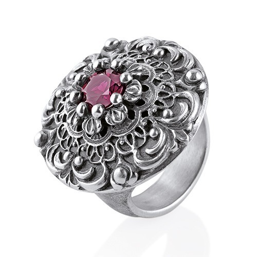 Drachenfels Ring, Queen Lisbeth-Kollektion, Ornament Ring Groß, Silber mit Rhodolith D QL 11-5
