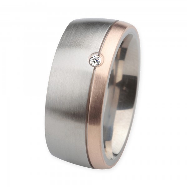 Ernstes Design Ring, Edelstahl matt / 750er Roségold, Brillant TW/SI 0,035 ct., 9 mm, R232.9