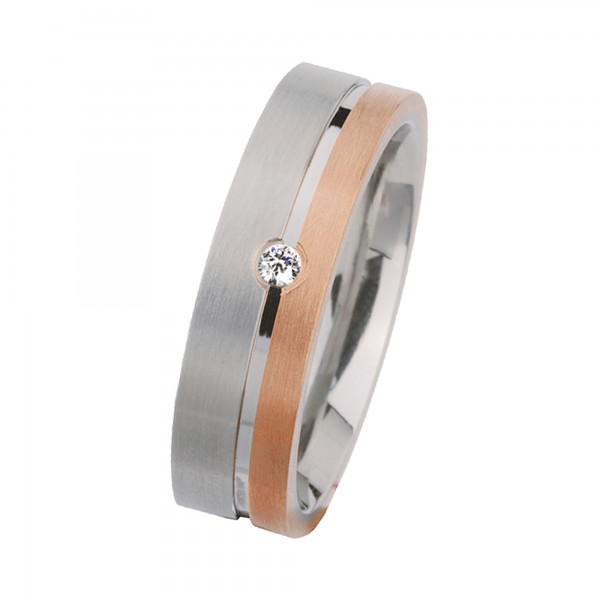 Ernstes Design Ring, Edelstahl matt / poliert / 750er Roségold, Brillant TW/SI 0,035 ct., 6 mm, R168