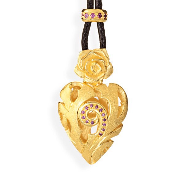 Drachenfels Rose of Antoine Kollektion Anhänger Mittel Herz Silber goldfarben mit Rhodolithpavée
