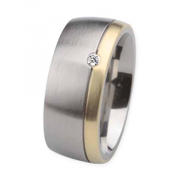 Ernstes Design Ring, Edelstahl matt / 750er Gelbgold, Brillant TW/SI 0,035 ct., 9 mm, R230.9