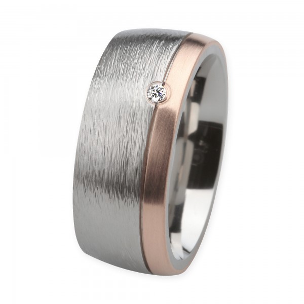 Ernstes Design Ring, Edelstahl geschliffen / 750er Roségold, 9 mm, Brillant TW/SI 0,035 ct., R238.9