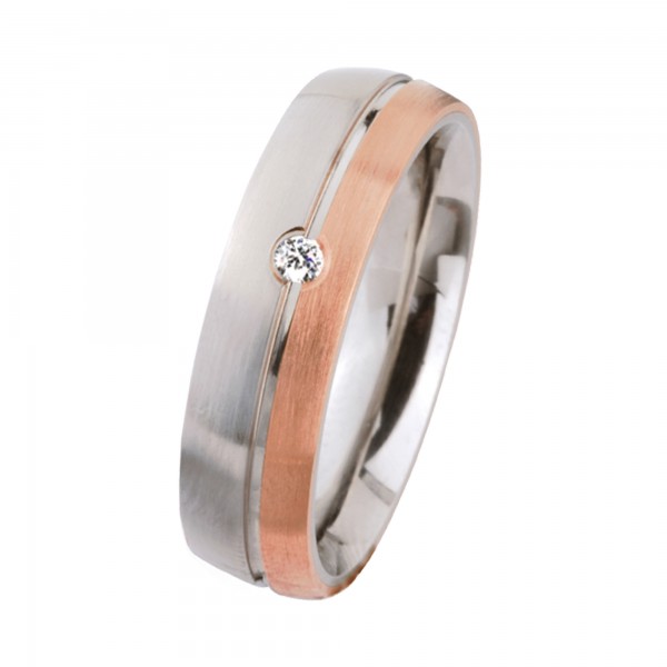 Ernstes Design Ring, Edelstahl matt / poliert / 750er Roségold, Brillant TW/SI 0,035 ct., 6 mm, R170