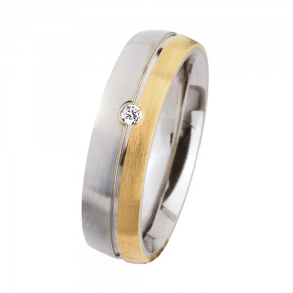 Ernstes Design Ring, Edelstahl matt / poliert / 750er Gelbgold mit Brillant, 6 mm, R210
