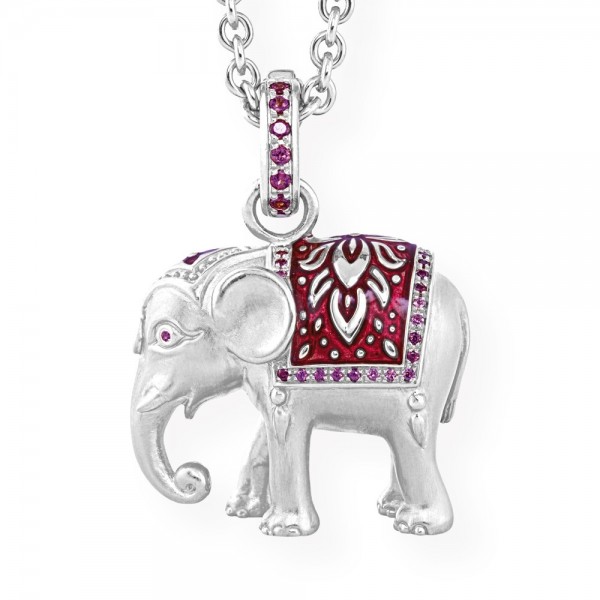 Drachenfels Ganesha - Kollektion, Anhänger Elefant Groß, Silber mit Rhodolith und rotem Lack