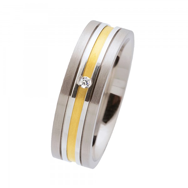 Ernstes Design Ring, Edelstahl matt / poliert / 750er Gelbgold mit Brillant, 6 mm, R177