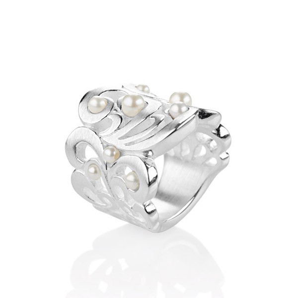 Drachenfels Ring, Perlentau-Kollektion, Ornament Ring Groß, Silber mit Süßwasserperlen D PET 13