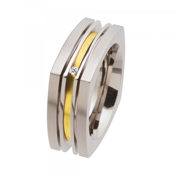 Ernstes Design Ring, Edelstahl matt / poliert / 750er Gelbgold mit Brillant, 8 mm, R181