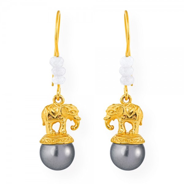 Drachenfels Ganesha-Kollektion, 1 Paar Ohrhänger Elefanten, Silber goldfarben mit Perle D GAN 23-TP