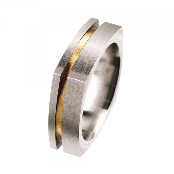 Ernstes Design Ring, Edelstahl matt / 750er Gelbgold, 6 mm, R98