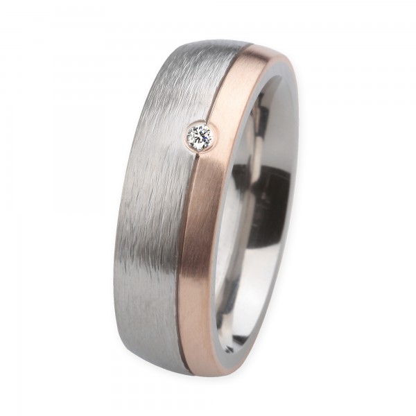 Ernstes Design Ring, Edelstahl geschliffen / 750er Roségold, 7 mm, Brillant TW/SI 0,035 ct., R238.7