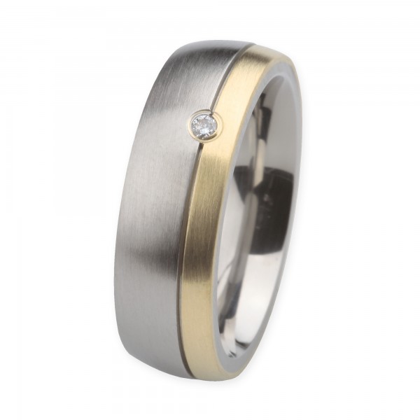 Ernstes Design Ring, Edelstahl matt / 750er Gelbgold, Brillant TW/SI 0,035 ct., 7 mm, R230.7