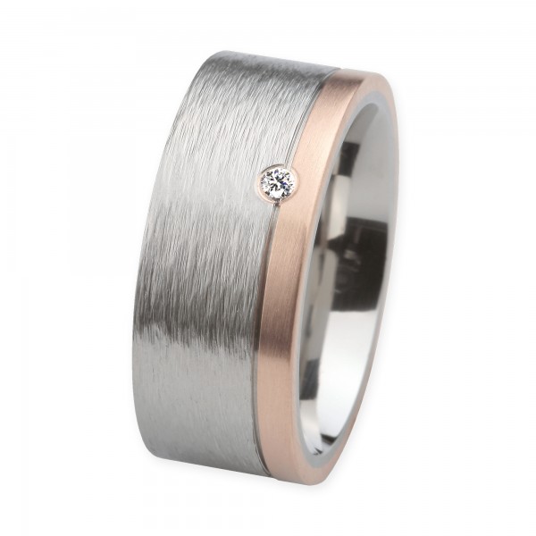Ernstes Design Ring, Edelstahl geschliffen / 750er Roségold, Brillant TW/SI 0,035 ct., 9 mm, R226.9