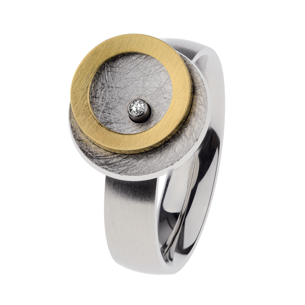 Ernstes Design Ring Edelstahl matt / poliert / gekratzt / bicolor mit Brillant TW/SI 0,02 ct. R715